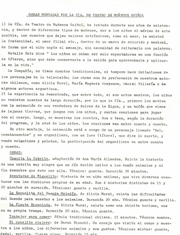Documento mecanografiado de obras montadas por la Compañía de Teatro de Muñecos Guiñol