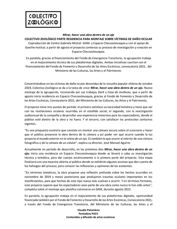 Comunicado de prensa sobre la residencia creativa de Colectivo Zoológico