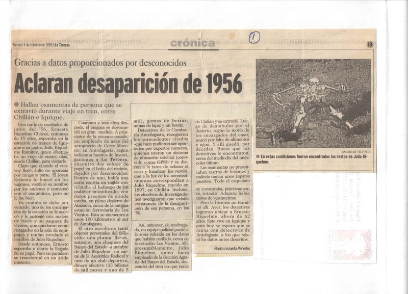 Recortes de prensa: "Aclaran desaparición de 1956" e "Hijo retira los restos de desaparecido en 1956"