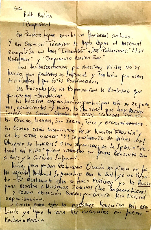 Carta de presidente Ocarin Parral a Ruth Baltra