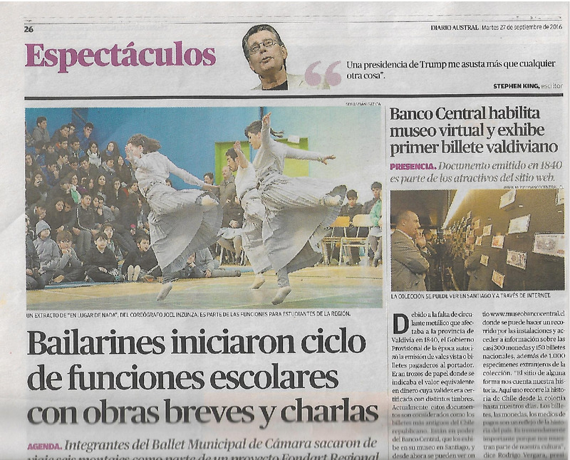 Recorte de prensa títulado "Bailarines iniciaron ciclo de funciones escolares con obras breves y charlas"