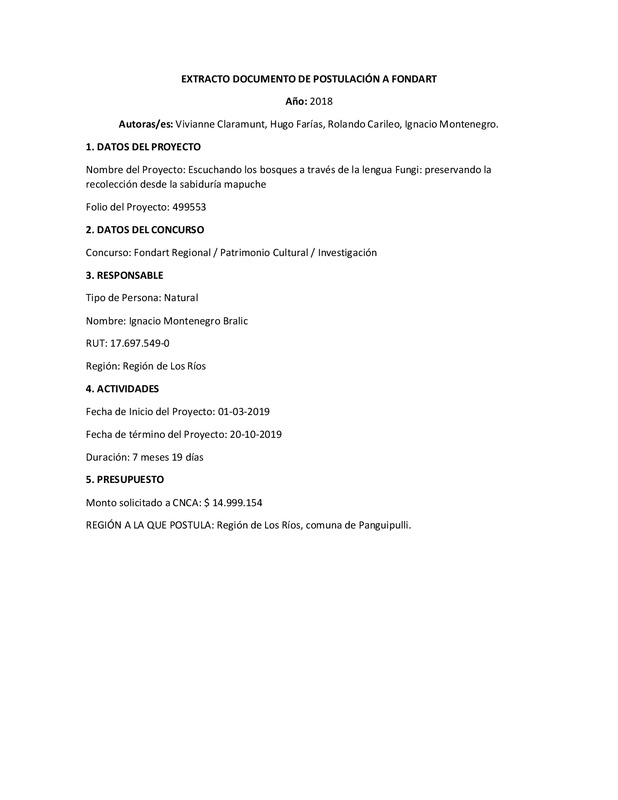 Documento de postulación de Folil a Fondart Regional - Línea Patrimonio - Modalidad Investigación 2019