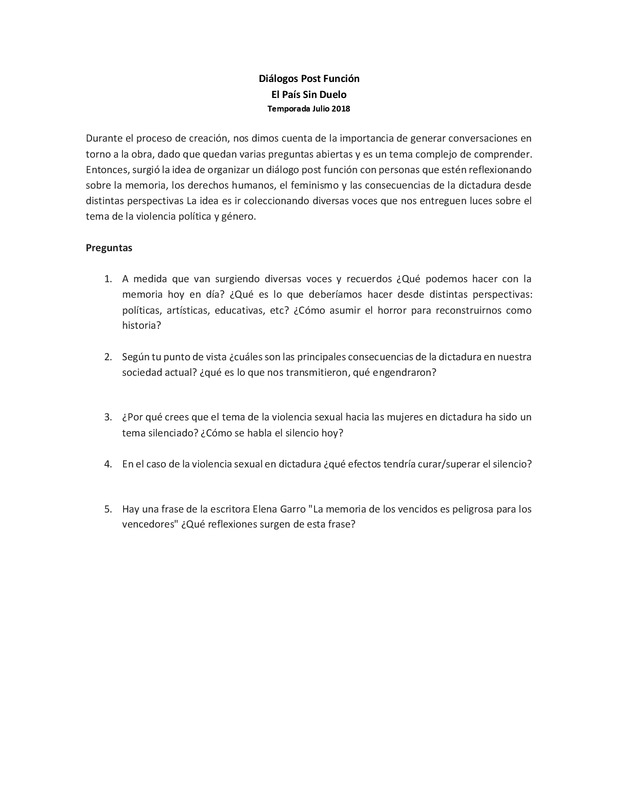 Pauta conversatorio post-función de El País Sin Duelo  en Universidad Mayor