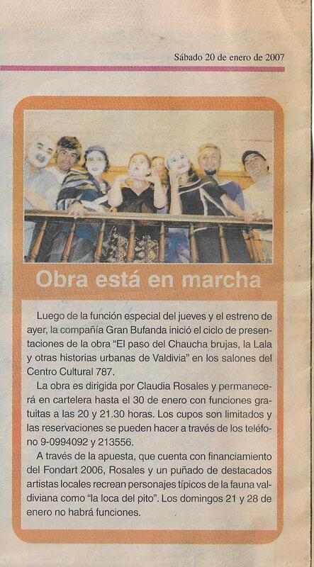 Recorte prensa de la obra El paso del Chaucha brujas, la Lala y otras historias urbanas de Valdivia