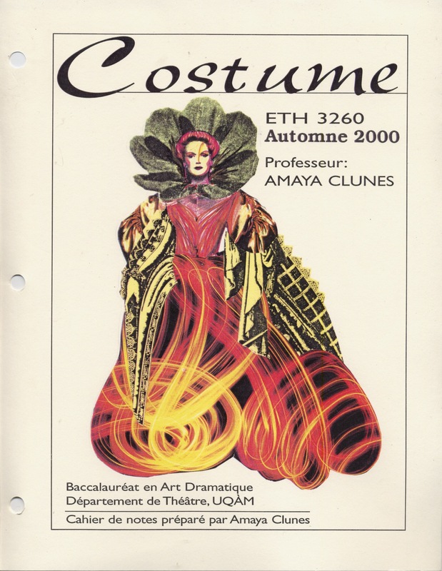 Portada del cuaderno de notas preparado por Amaya Clunes para el curso de vestuario, dictado en el bachiller de Artes dramáticas, de la Universidad de Québec de Montréal.