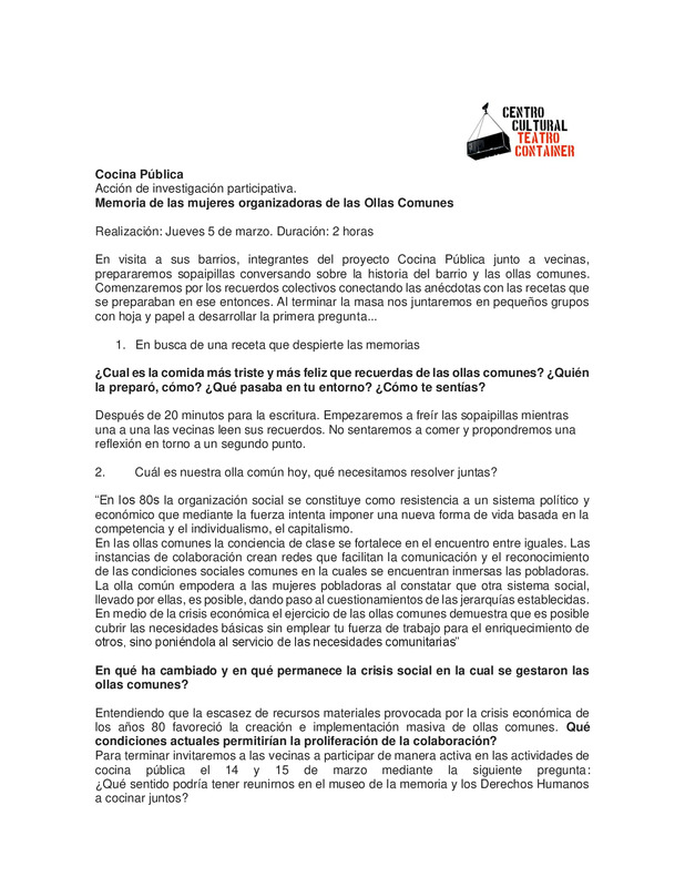 Descripción taller Memoria Mujeres organizadoras ollas comunes