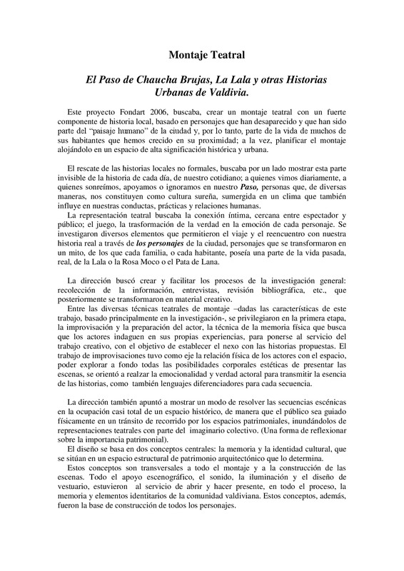 Textos de la obra El paso del Chaucha Brujas, la Lala y otras historias urbanas de Valdivia