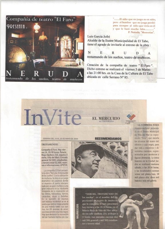 Invitación y recorte de prensa sobre Neruda, Trotamundo de los sueños