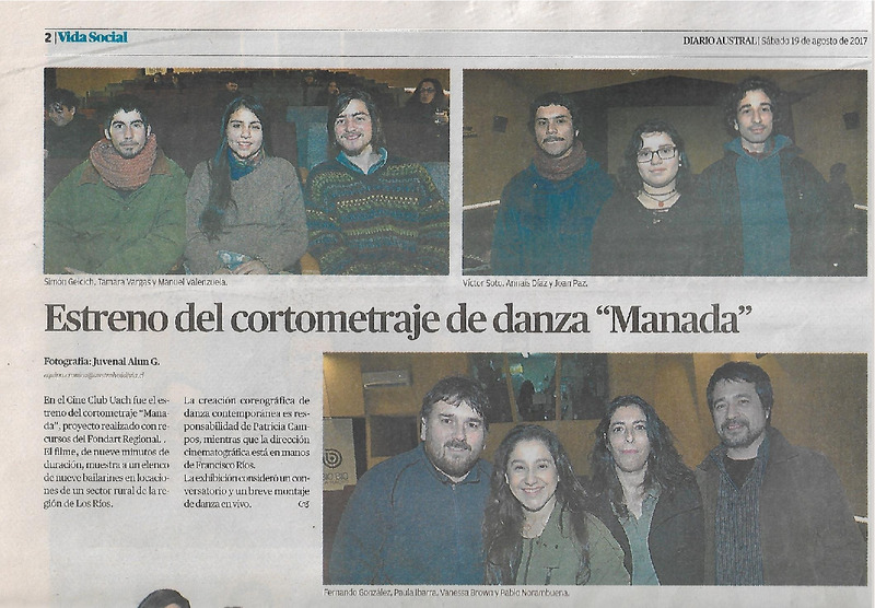 Recorte de prensa sobre el estreno del cortometraje de videodanza "Manada"