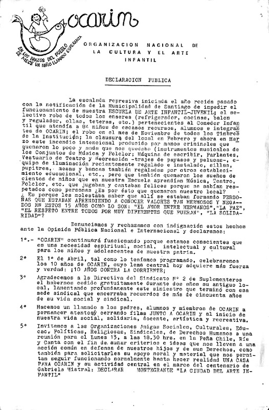 Declaración pública por incendio sede Ocarin