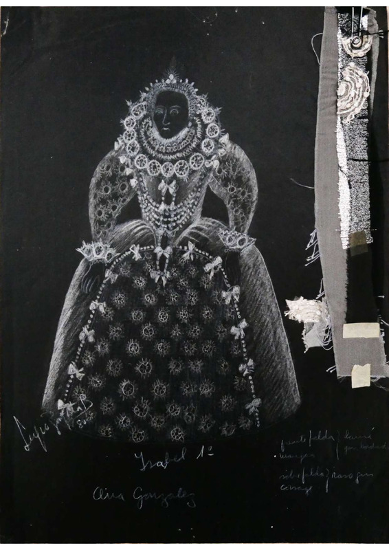 Boceto con muestrario de telas obra María Estuardo
