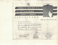 Fotocopia de certificado de participación Festival de Títeres Santa Fe, Argentina
